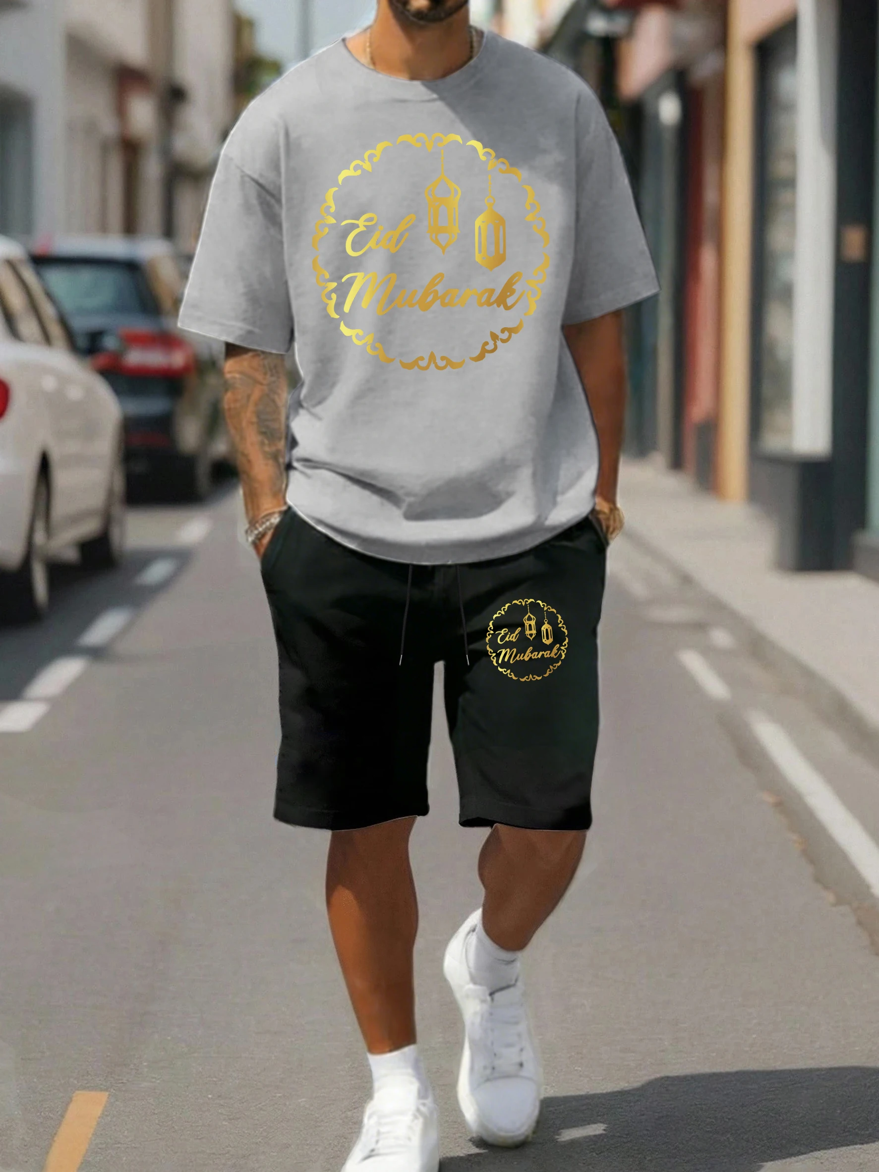 

Eid Mubarak Art Letter Design Man Tee Suit O-Neck Cotton Clothing Fashion Drawstring Shorts Unisex Loose Casual Sportsuit