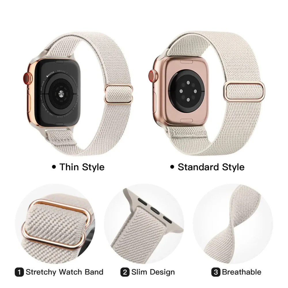 Slim Stretchy Strap For Apple Watch Band 40mm 41mm 45mm 44mm 49mm 38mm 42mm Nylon loop bracelet Iwatch Series 9 7 SE 6 3 8 Ultra