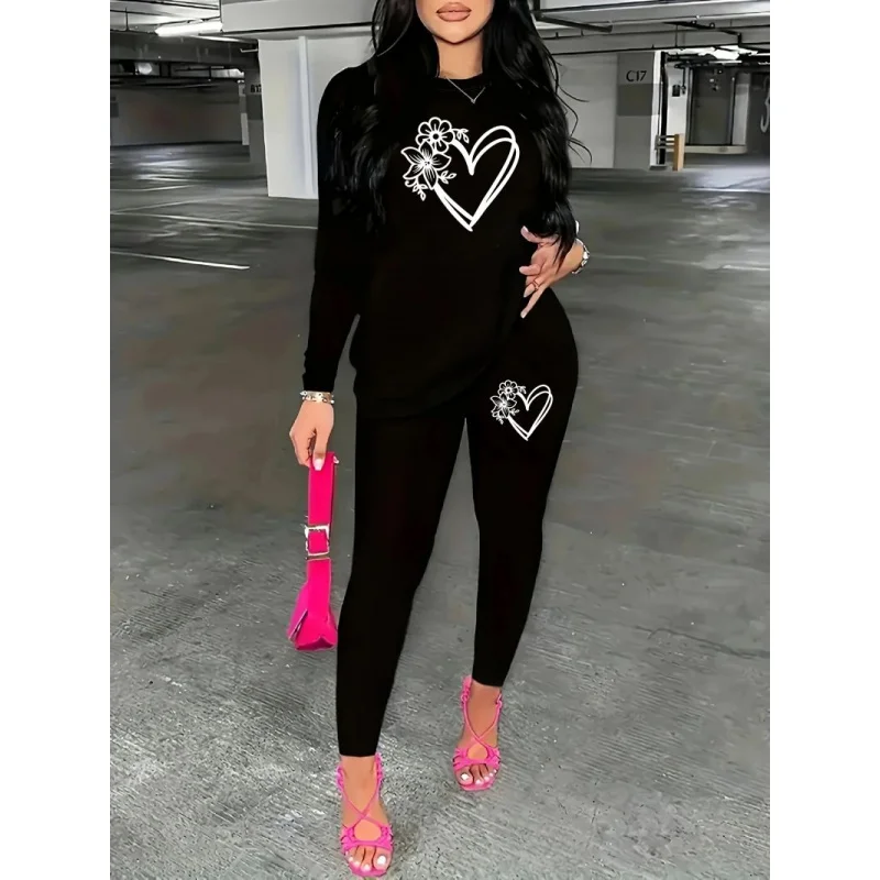 เสื้อยืดแขนยาวคอกลมพิมพ์ลายสร้างสรรค์สำหรับผู้หญิงและกางเกงชุดสองชิ้นสำหรับฤดูใบไม้ผลิ ฤดูใบไม้ร่วง และฤดูหนาว