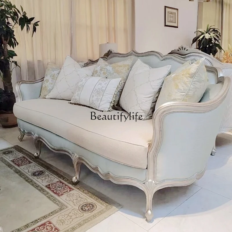 American light luxury fabric sofa high-end solid wood beech wood carving flower champagne living room sofa