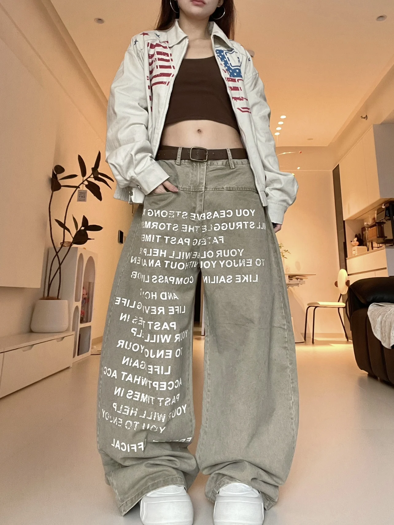 

Американские ретро-джинсы с широкими штанинами и надписями, повседневные, цвета хаки, женские, свободного прямого кроя, из износостойкого хлопка