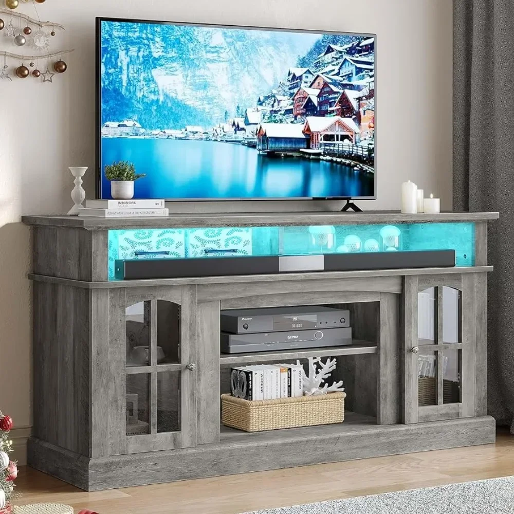 Farmhouse TV Stand for TV up to 65 Inch w/Outlets, Table Adjustable Storage Shelves &Cabinet Glass Door for 400lbs,Rustic Gray