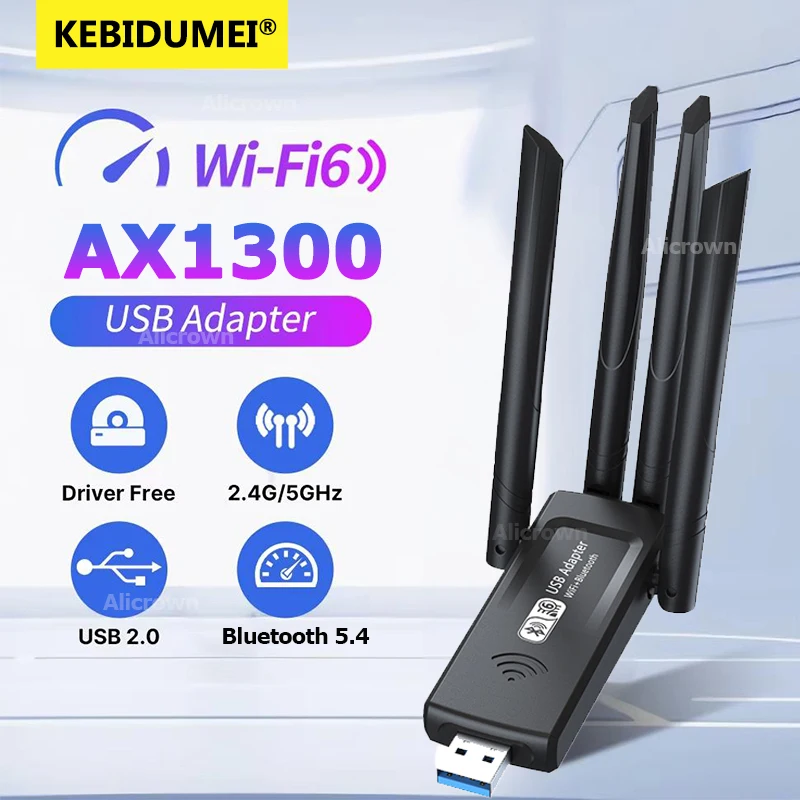 

Сетевая карта Wi-Fi 6 1300 Мбит/с 2,4G/5Ghz Bluetooth 5,4 Wi-Fi ключ AX1300 USB 4-антенный беспроводной приемник для ПК/ноутбука Win10/11
