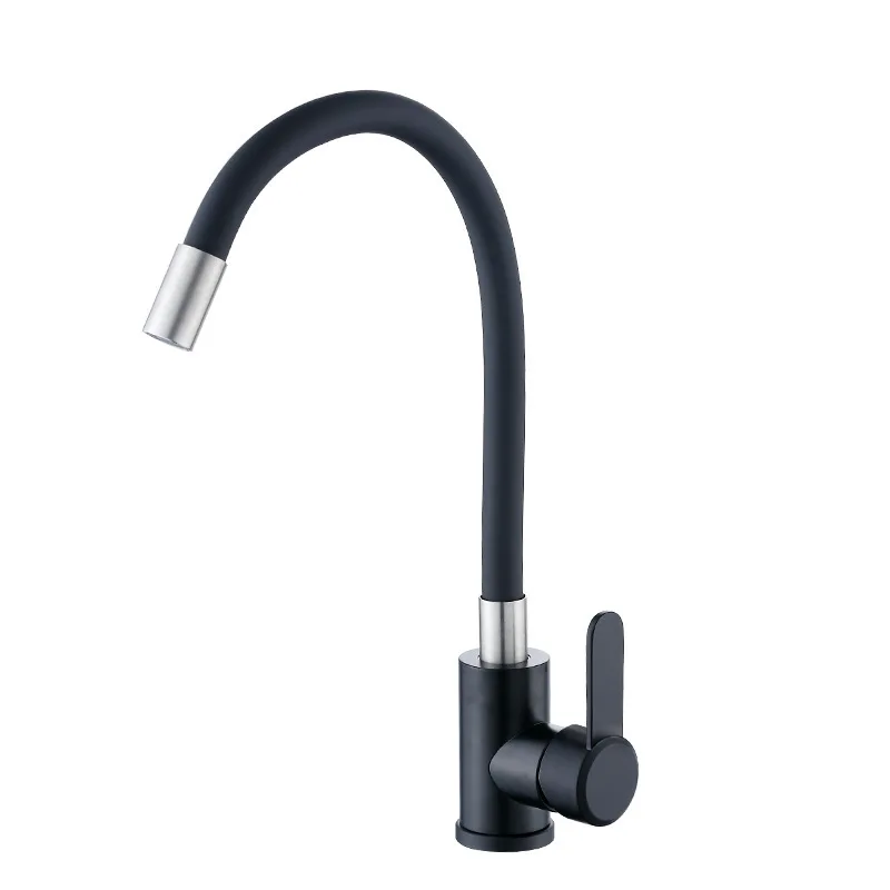 Stainless steel sub black hot and cold washing basin flat three-way rubber tube kitchen sink faucet