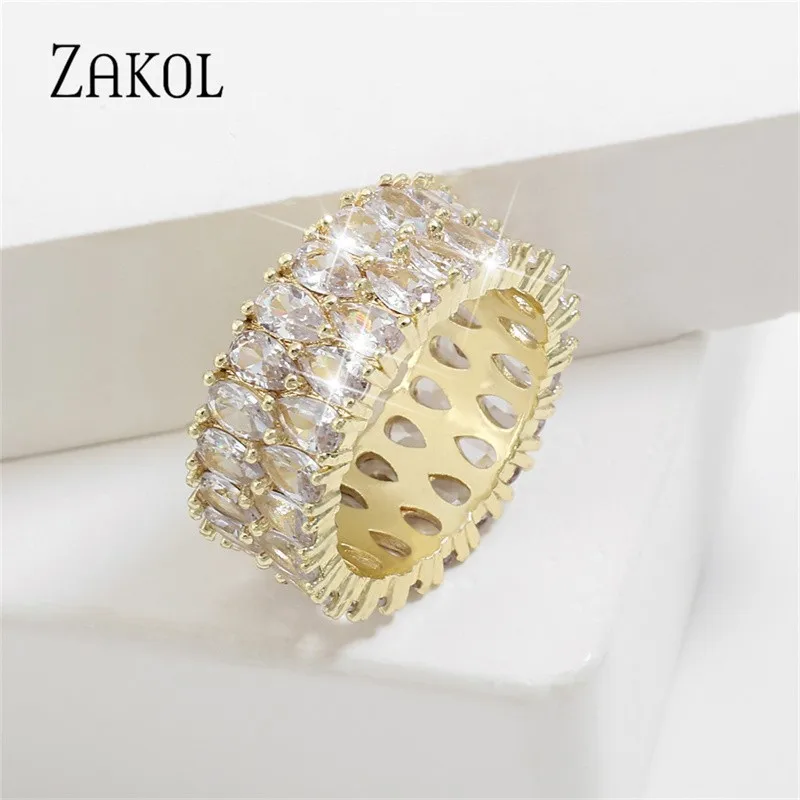 

ZAKOL Sparkling Green Double Row Wedding Rings for Women Shinny Water Drop Cubic Zirconia Engagement Jewelry RP2131