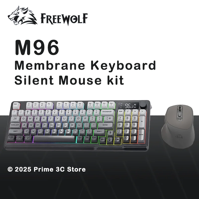 

FREEWOLF M96 Wireless Keyboard and Mouse Combo, Smart Screen, BT Dual Mode, RGB Backlight, Membrane rdKeyboard Mouse Kit