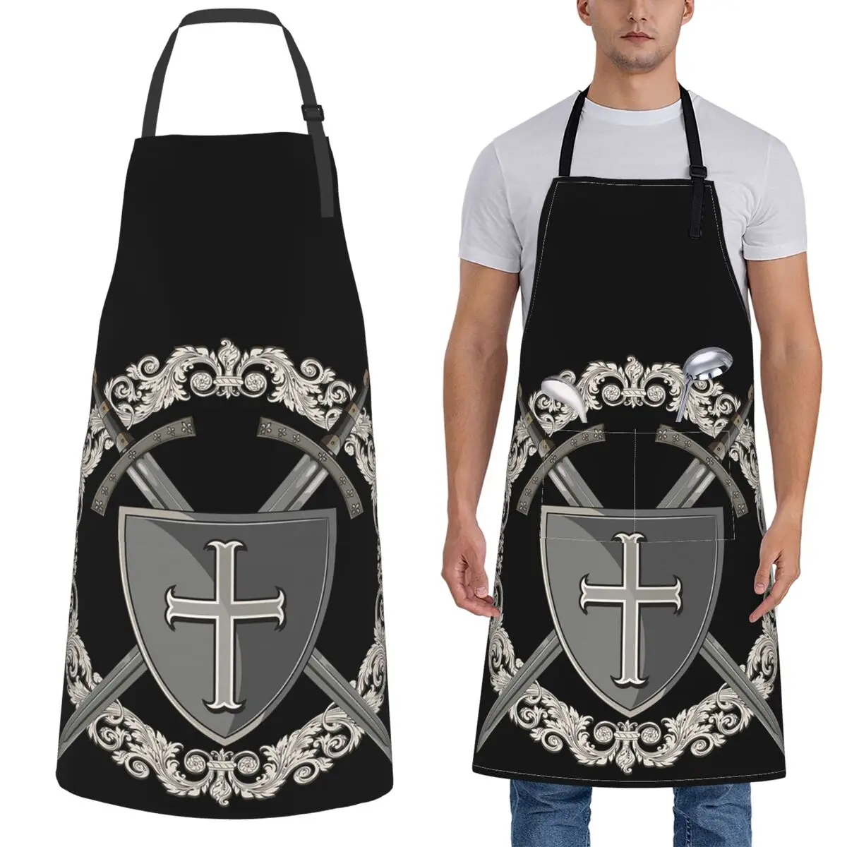 Caballeros Templarios Cruz escudo símbolo espada Medieval emblema delantal Chef hornear Tablier cocina delantal para mujeres hombres jardinería