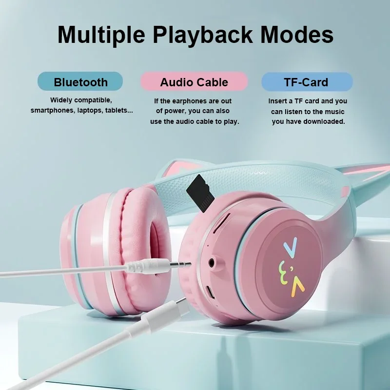 Novo gradiente-cor gato orelha fones de ouvido bluetooth sem fio estilo over-ear ideal para música telefone móvel com grande capacidade da bateria