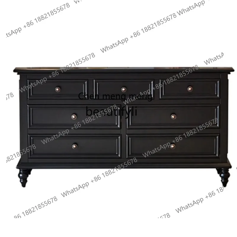 C85 American Solid Wood Nine-Drawer Cabinet Black French Retro Living Room Side Cabinet Master Bedroom Wall Storage  Drawer Cabi