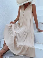 Vestido Midi informal de verano para mujer, ropa sin mangas, cuello en V, botones, volantes, holgado, a la moda