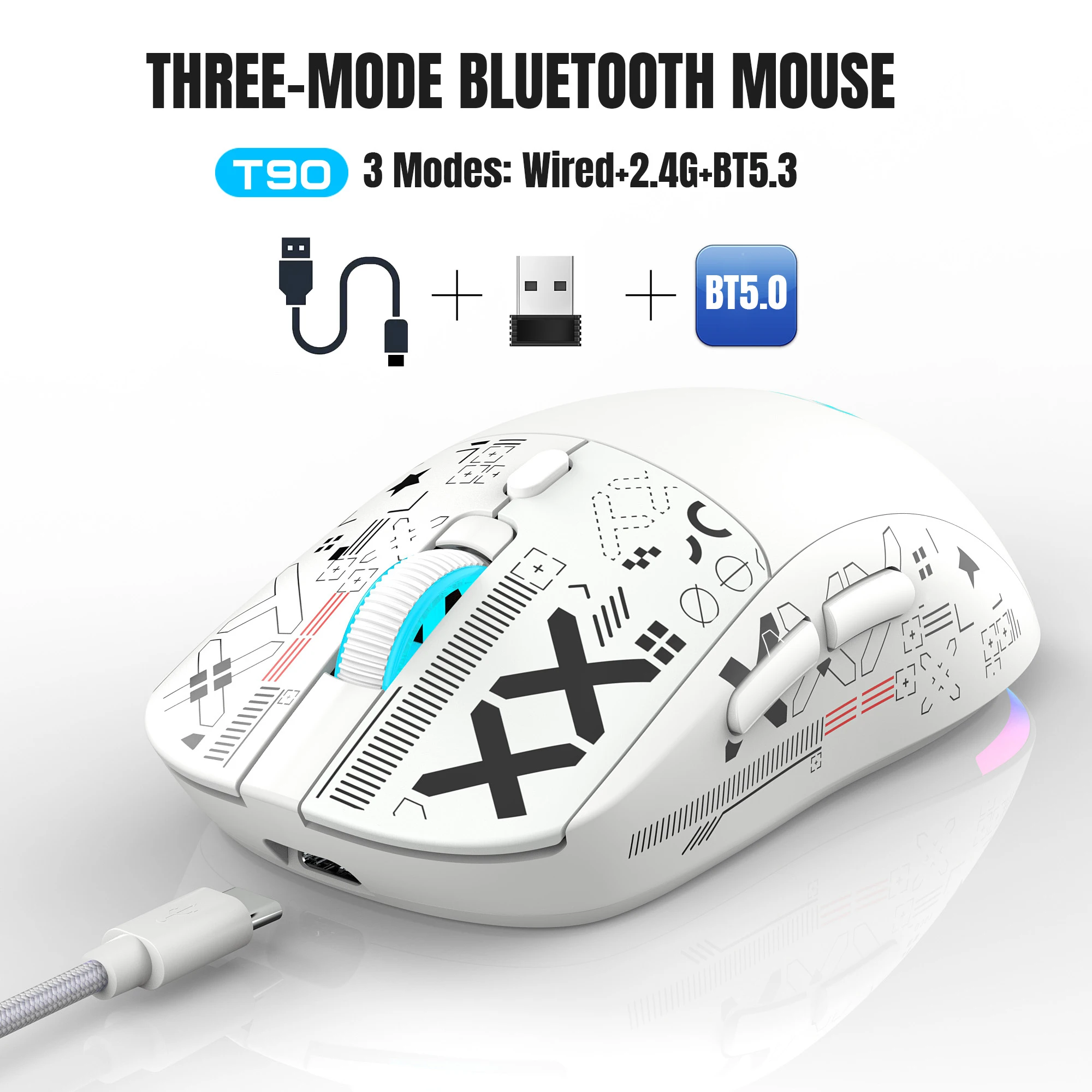 

T90 Wireless Bluetooth Mouse RGB (BT1/BT2+ USB) 2.4GHz Rechargeable Silent Bluetooth Wireless Mouse with Type C Adapter