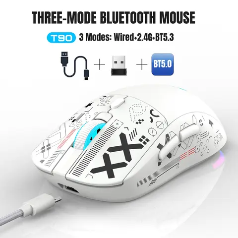 T90 무선 Bluetooth 마우스 RGB(BT1/BT2+ USB) 2.4GHz 충전식 무음 Bluetooth 무선 마우스(Type C 어댑터 포함)