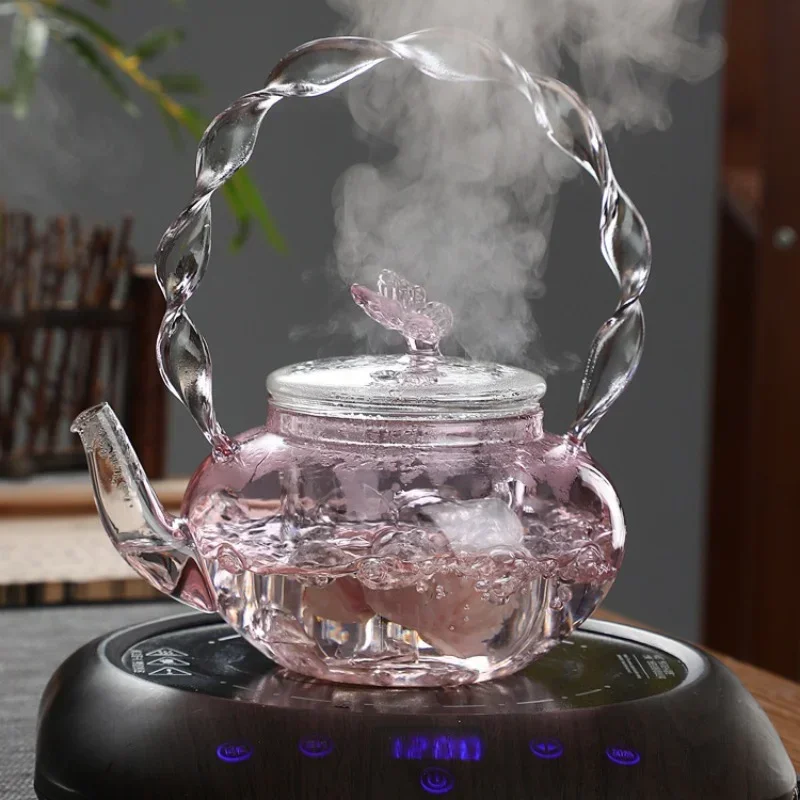 700ml Transparent Pink Iris Teapot Pyrex Cooking Teapot Household Tea Set Electric Clay Oven Beam Single Pot