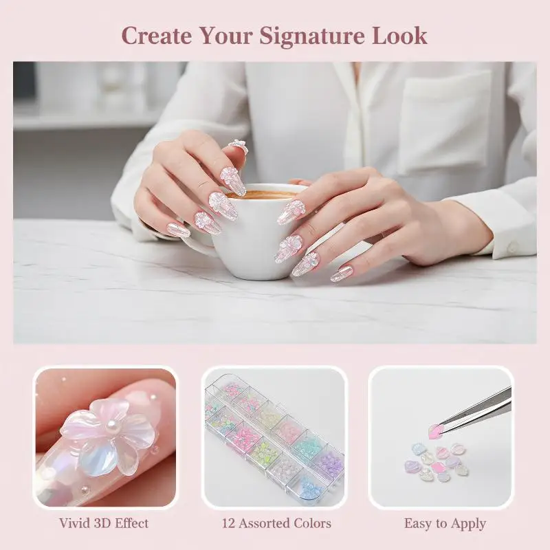 High Gloss 3D Petal Nail Charms 12 Grids Multi-color Nail Art Accessories for DIY Fashion Manicure