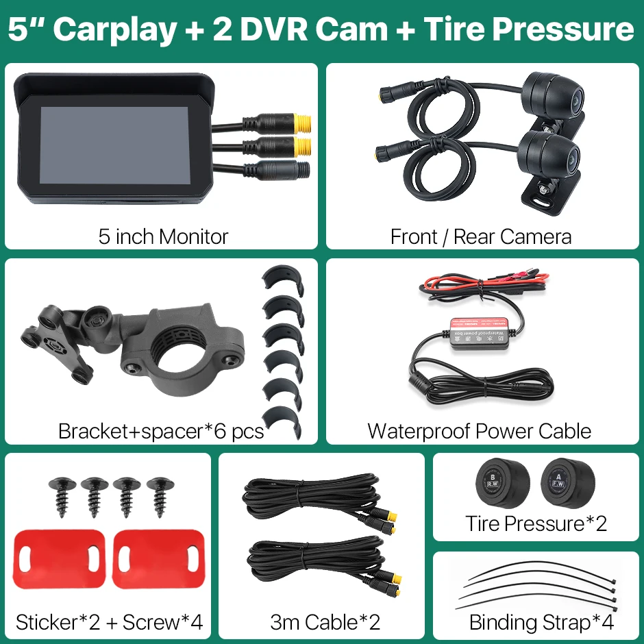 GreenYi-Motocicleta Carplay DVR traço Cam, Camera Display impermeável, Navegação GPS portátil, sem fio Android Auto, 5 ", 1080p