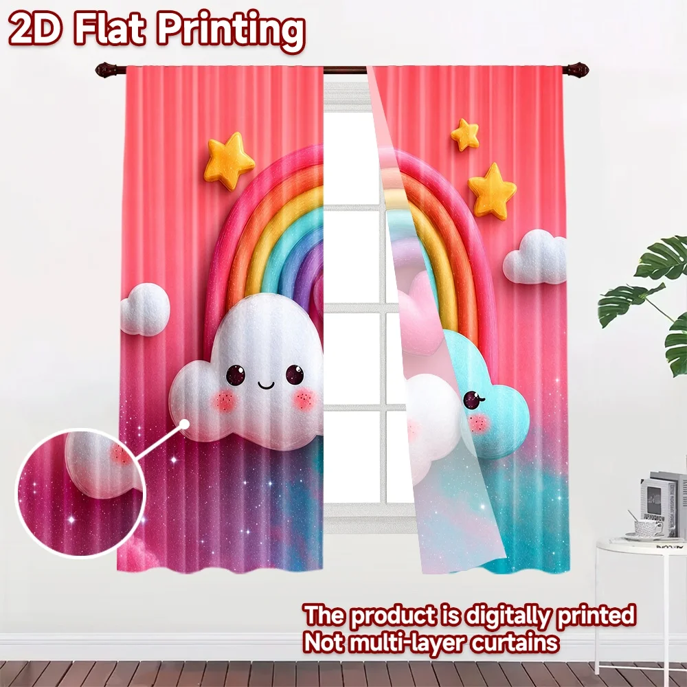 2D flat 2pcs Curtain French Romantic Style Curtains Cute Rainbow Clouds Heart Digitally printed polyester, colorfast Festive