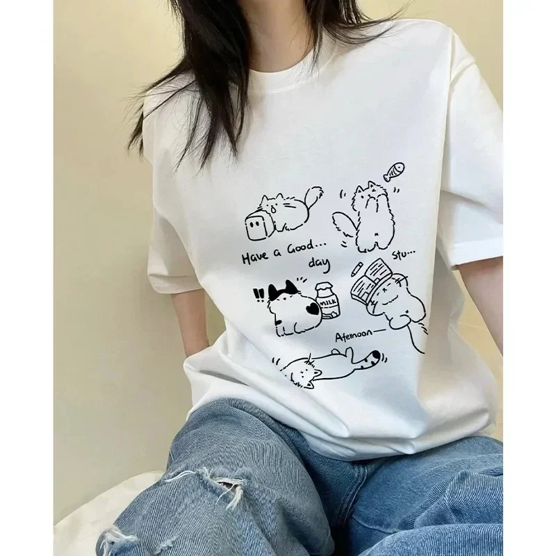 2025 Anime Cartoon Cat Print Women's Short Sleeved T-shirt New Summer Trend Half Sleeved Fashion Brand Design Loose Top Y2K Top