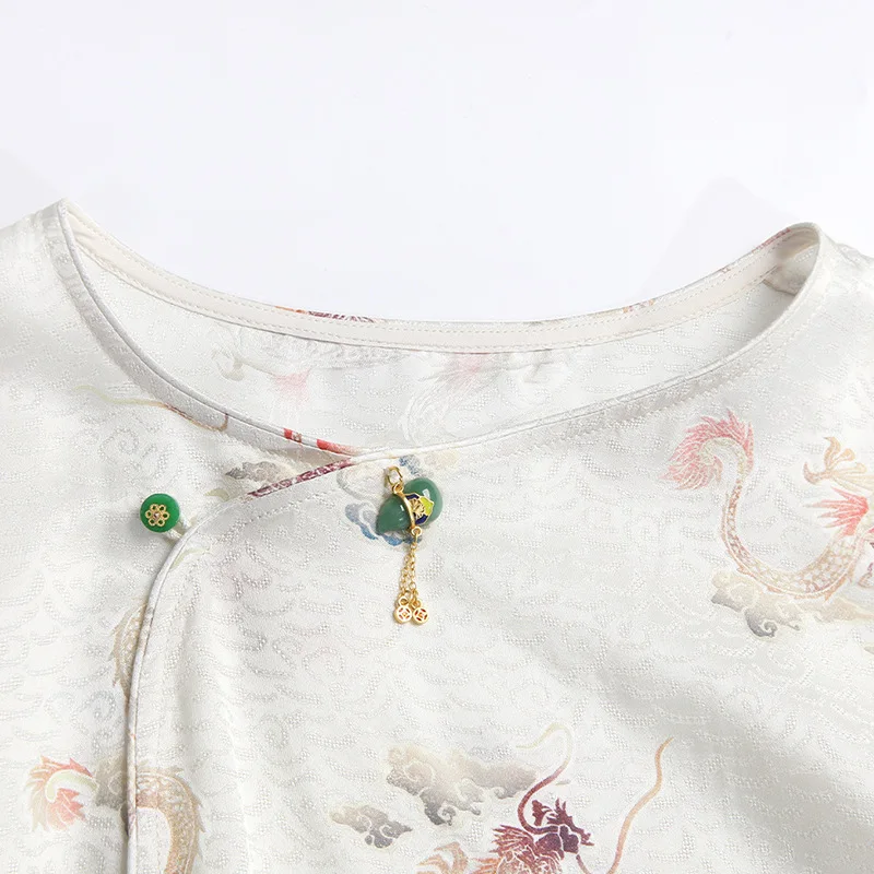 High Quality Women's Spring and Summer New Chinese Flower Rose Shirt Ladies Vintage Print Button Cardigan High-End Silk Top