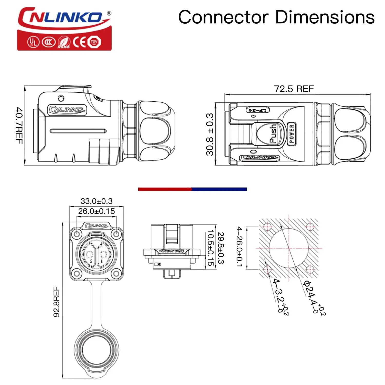 CNLINKO LP24 35A Waterproof Electrical Wire Connector M24 2 Pin 3 Pin Quick Release Plug Panel Socket Welding Pin Connector