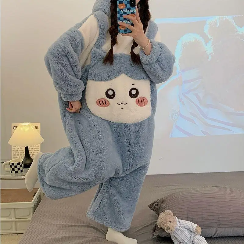 Miniso Kit Girl Thickening Winter Hooded One-Piece Garment Kawaii Chiikawa Comic Go Out Keep Warm Robe Bathrobe Leisure Wear New