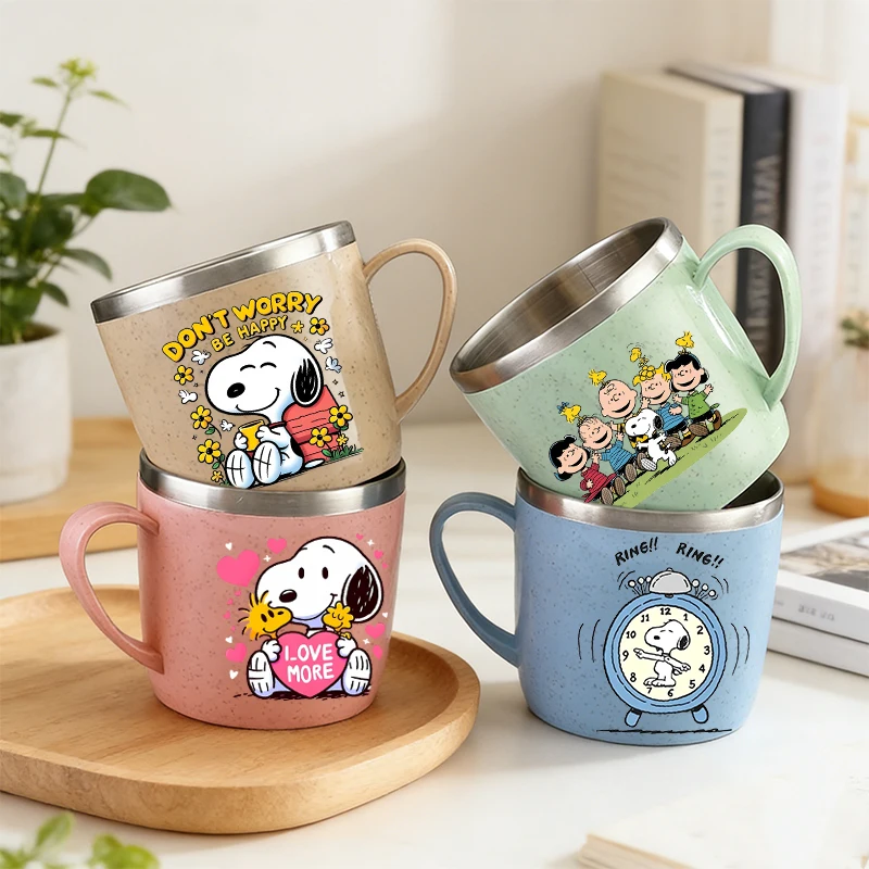 

New Snoopys Water Cup Double Layer Anti-scalding Stainless Steel Cup with Handle Kids Coffee Milk Mug Tea Drink Home Office Cups