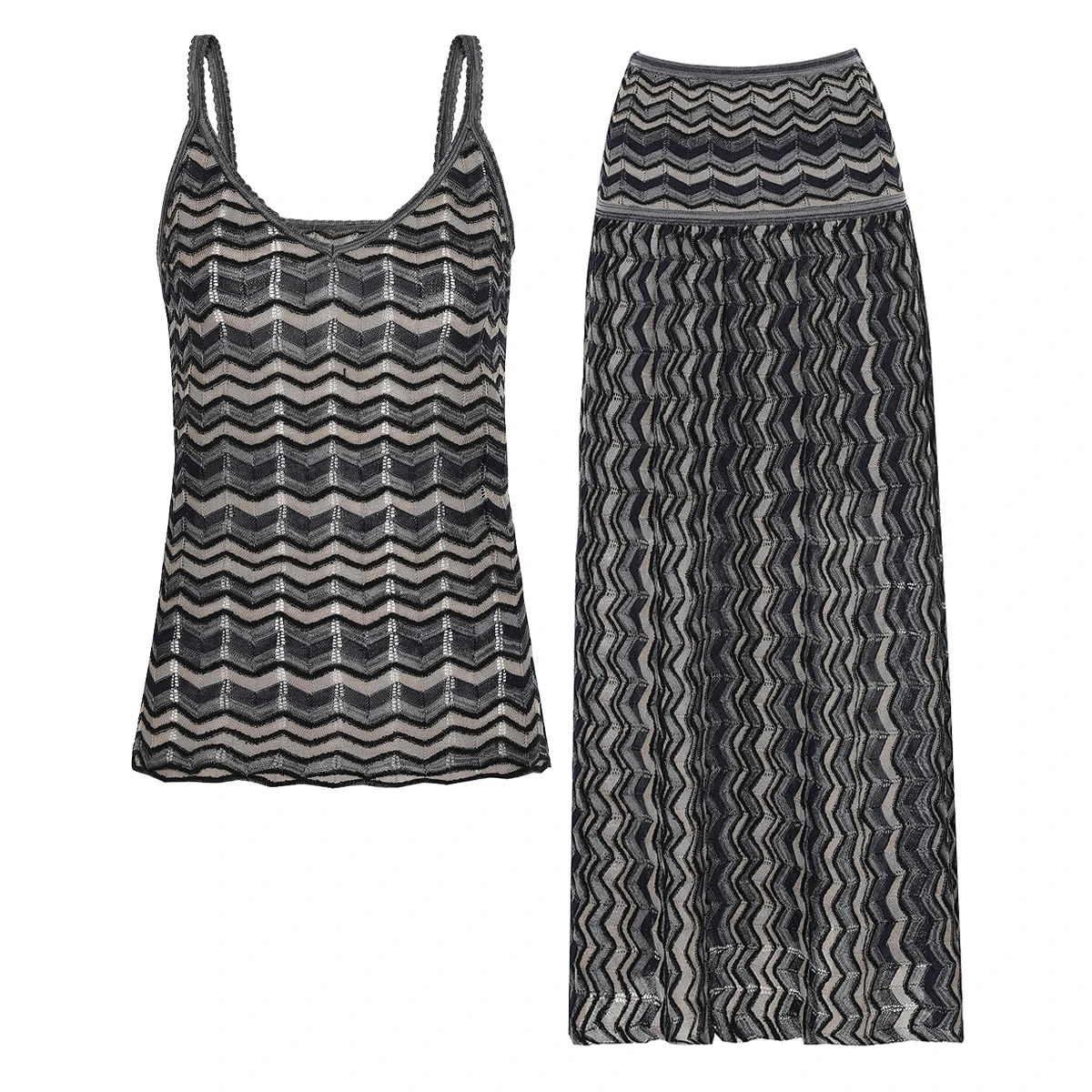 26256 High-Quality Summer New Fashion Temperament Commuting Wave Pattern Knitted Women's Suspender Top+Skirt Set