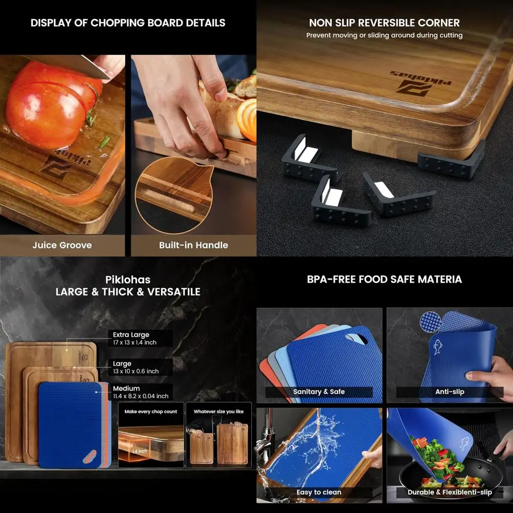 

7-Piece Acacia Wood Charcuterie Set with Holder, Non-Slip Feet, Serving Mats, and Juice Groove for Meat, Cheese, Bread