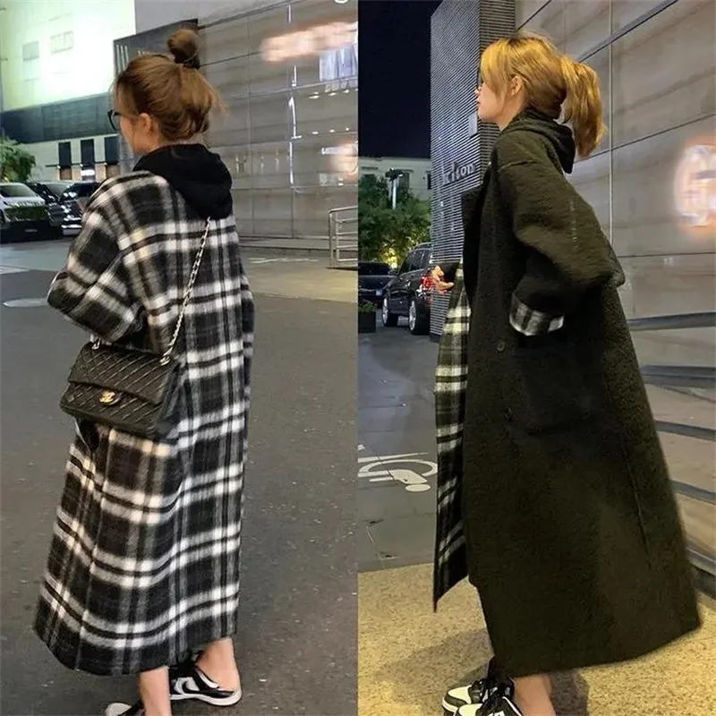 Fat mm Retro Senior Sense Positive and Negative Two Wear Green Plaid Woolen Coat Female 2023 Autumn and Winter Long Woolen Coat