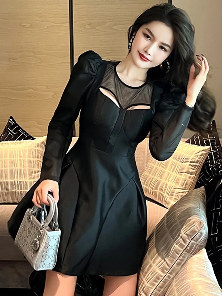 Party Mini Dresses for Women 2023 Cute Sexy Black Dress Sheer Mesh Patchwork Satin Hollow Cut Out A-line Femme Clothes Vestidos