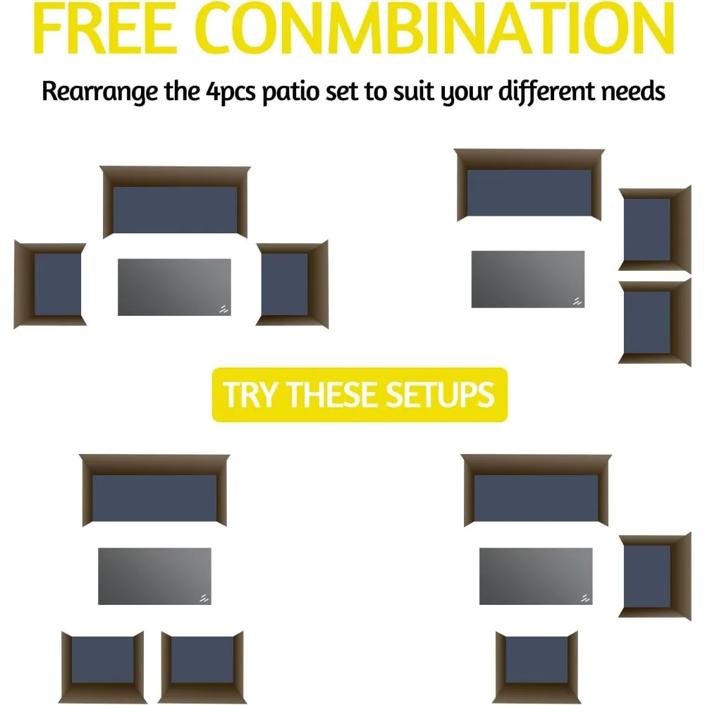 4 Piece Outdoor Furniture Set, Patio Wicker Sectional Sofa with Tempered Glass Coffee Table and Cushions, Rattan Conversation