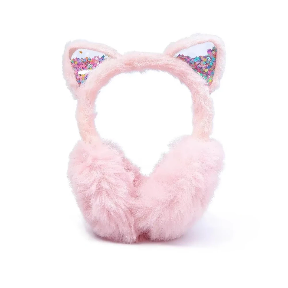 Kids Girls Pink Plush Cat Ear Earmuffs Ear Muffs Cute Headband Colorful Star Sequins Children Winter Outdoor Fashion Accessory