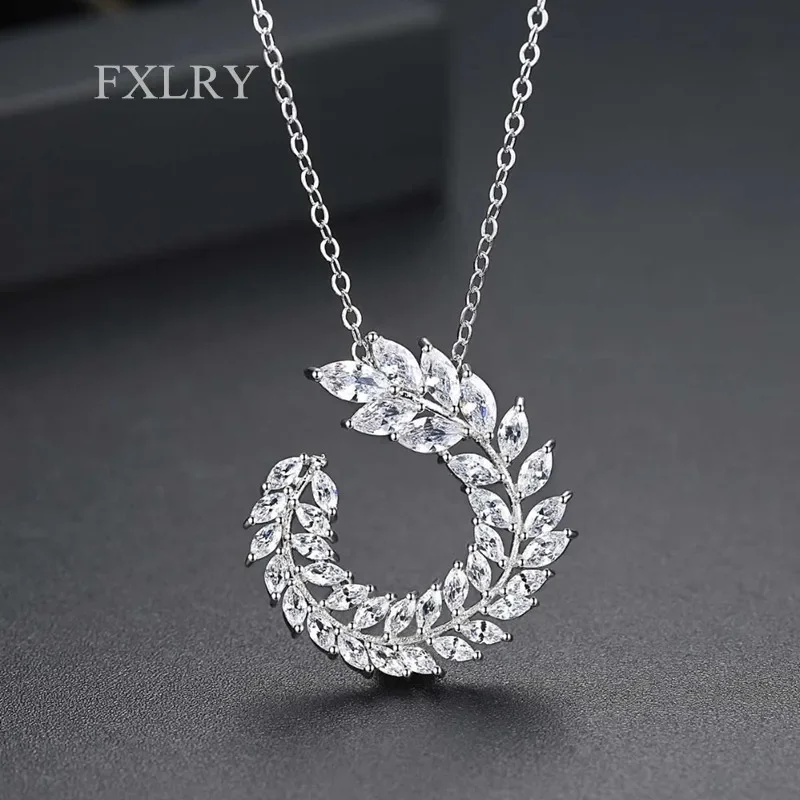 FXLRY New Design Exquisite White/ Gold Color Jewelry Luxury CZ Fashion THE Leaf Necklaces For Women Wedding Party Gift