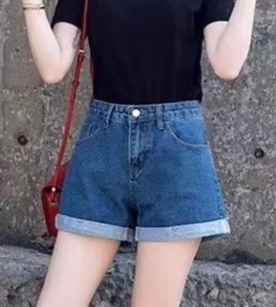 Summer New High-waisted Black Denim Shorts Women's Rolled Edge Loose Slimming A Line Wide Leg Pants Hot Pants