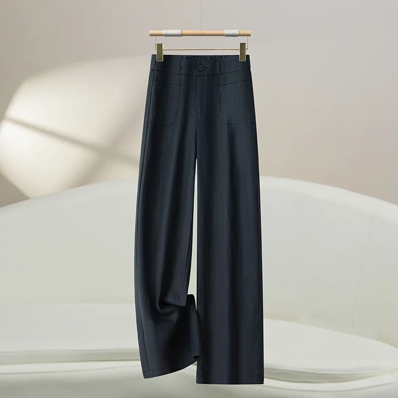 

Navy Blue Pants for Women, Summer Thin High-Waisted Slimming Pants, Versatile Draped Straight-Leg Pants