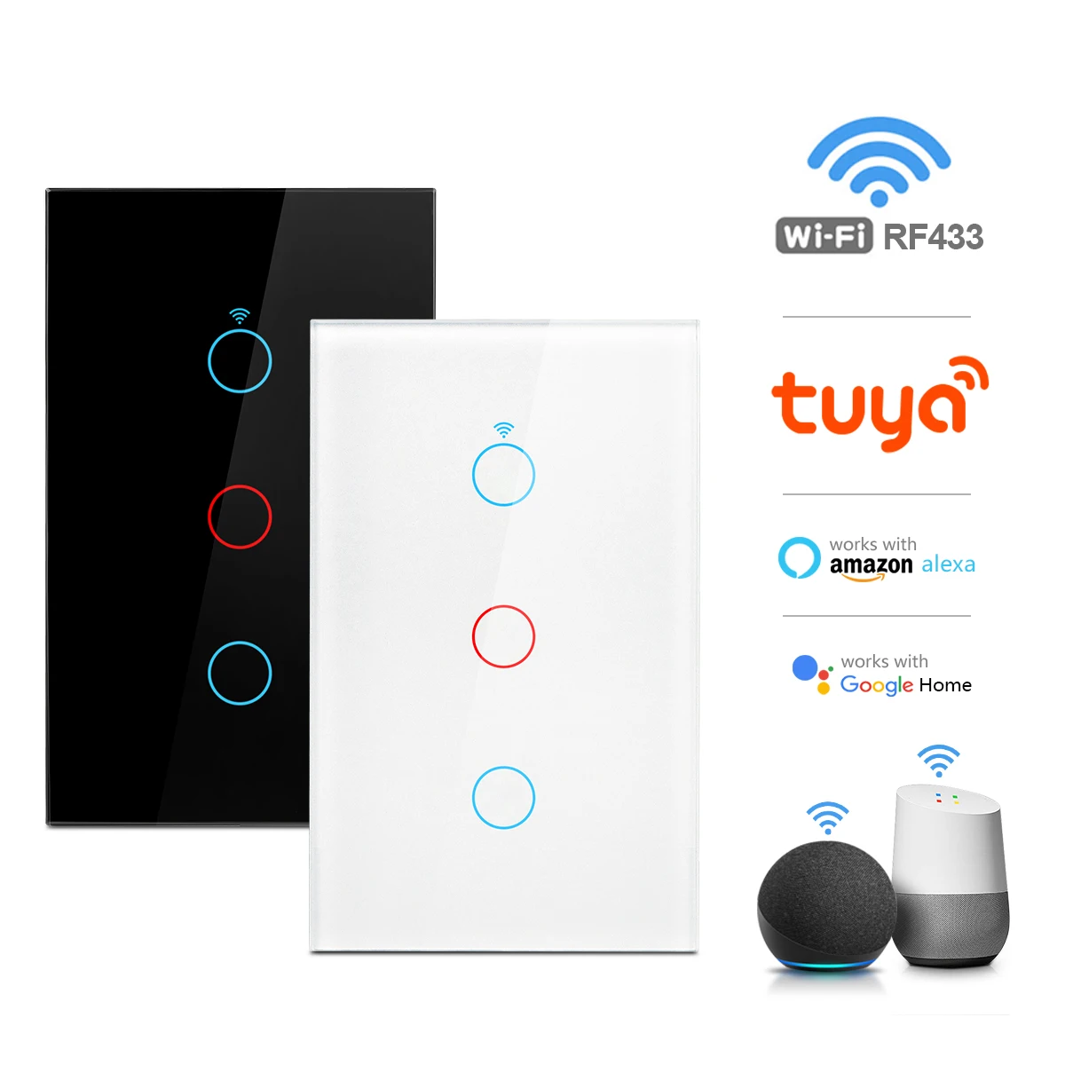 Tuya Smat Life 1/2/3Gang Wifi Touch Switch 433RF Remote AC90V-260V Smart Home Wall Light Switch Works with Alexa Google Home