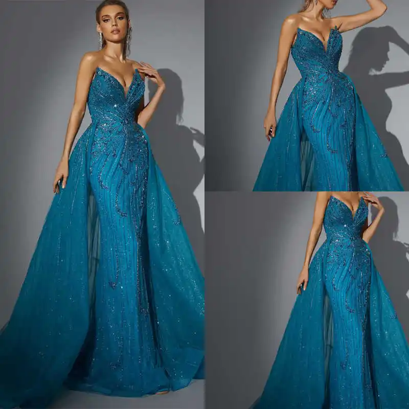 

Luxury Blue Sheath Gown Prom Dresses Appliques Pattern Sequins Lace Party Dresses Big Size Custom Size Colour vestidos de festa