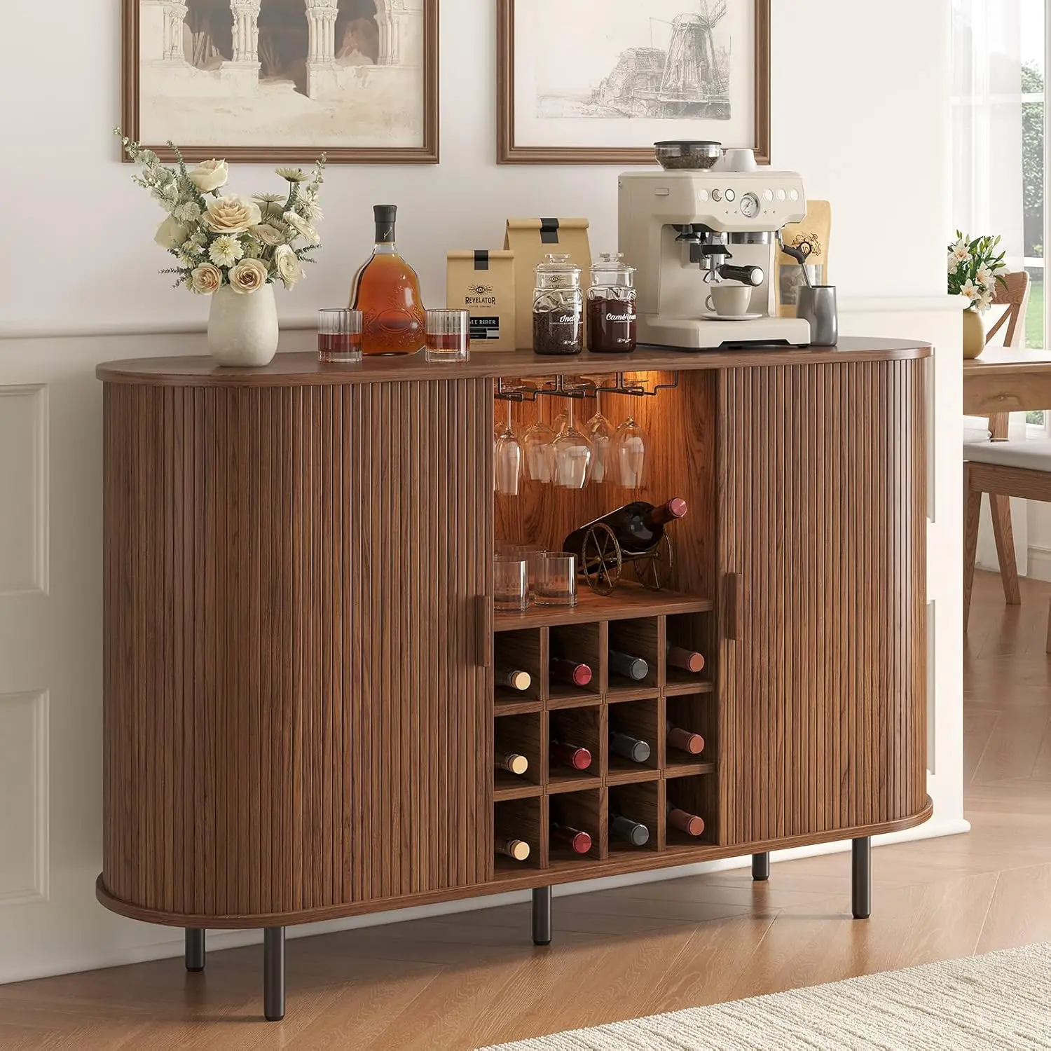 

55 Inch Fluted Wine Bar Cabinet, Coffee Bar Cabinets with Storage, Mid-Century Modern Bar Cabinet with Charge Station Wine Racks