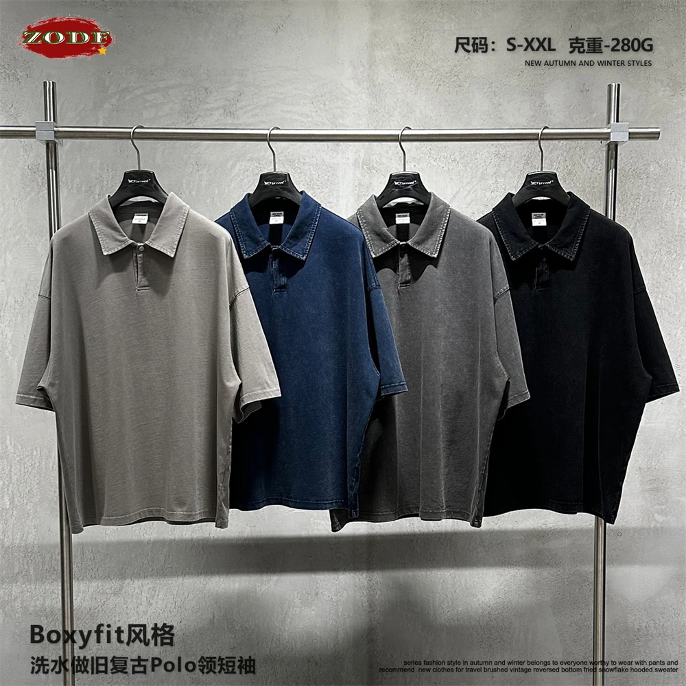 

Футболка-поло ZODF в стиле ретро, летняя, свободного кроя, унисекс, 280 г/м², с эффектом потертости, с отложным воротником, хлопковая, HY1231