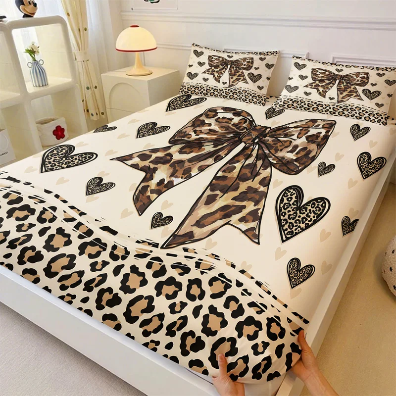 3Pcs Fitted Sheet Set Trendy Leopard Print, Bow and Heart Bedding Set No Fillers, Elastic Deep Pocket Fit Common Home Mattress