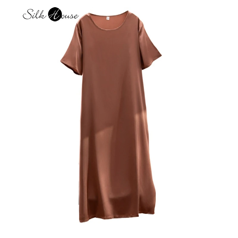 Damen-Sommerkleid im sanften Stil, 92 % natürliche Maulbeerseide, elastisches Doppel-Satin-Kleid, Temperament, einfarbig, vielseitiger langer Rock