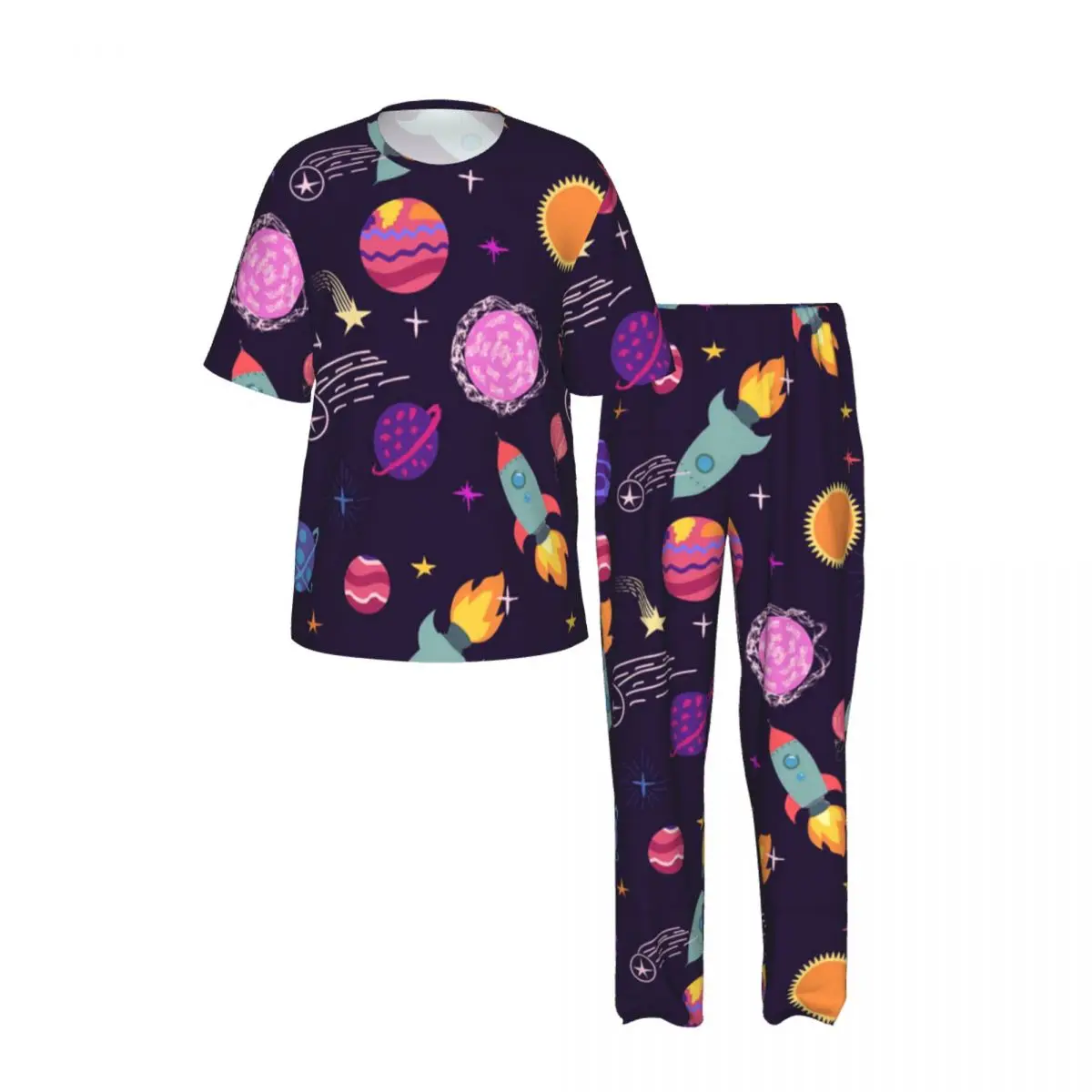 Men's Pajamas Set Summer Short-Sleeve Tops + Long Pants Nightwear Home Wear Suits Planets Rockets And Stars Sleepwear