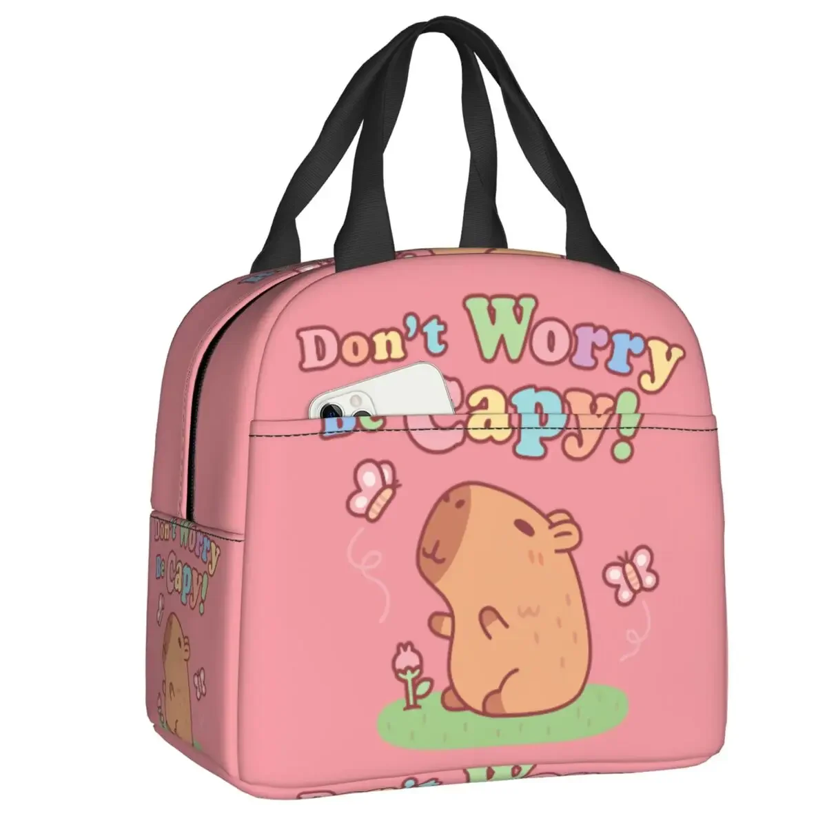 Custom Cute Capybara And Butterflies Lunch Bag Women Cooler Warm Insulated Lunch Boxes for Student School