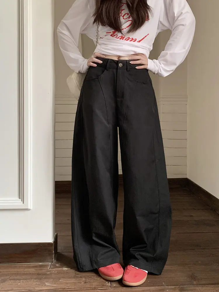 Wijde pijpen broek Y2K leer dames lente plooien tailleband club splitsen twill wasbaar verstelbaar minimalistische sjerpen chic woon-werkverkeer