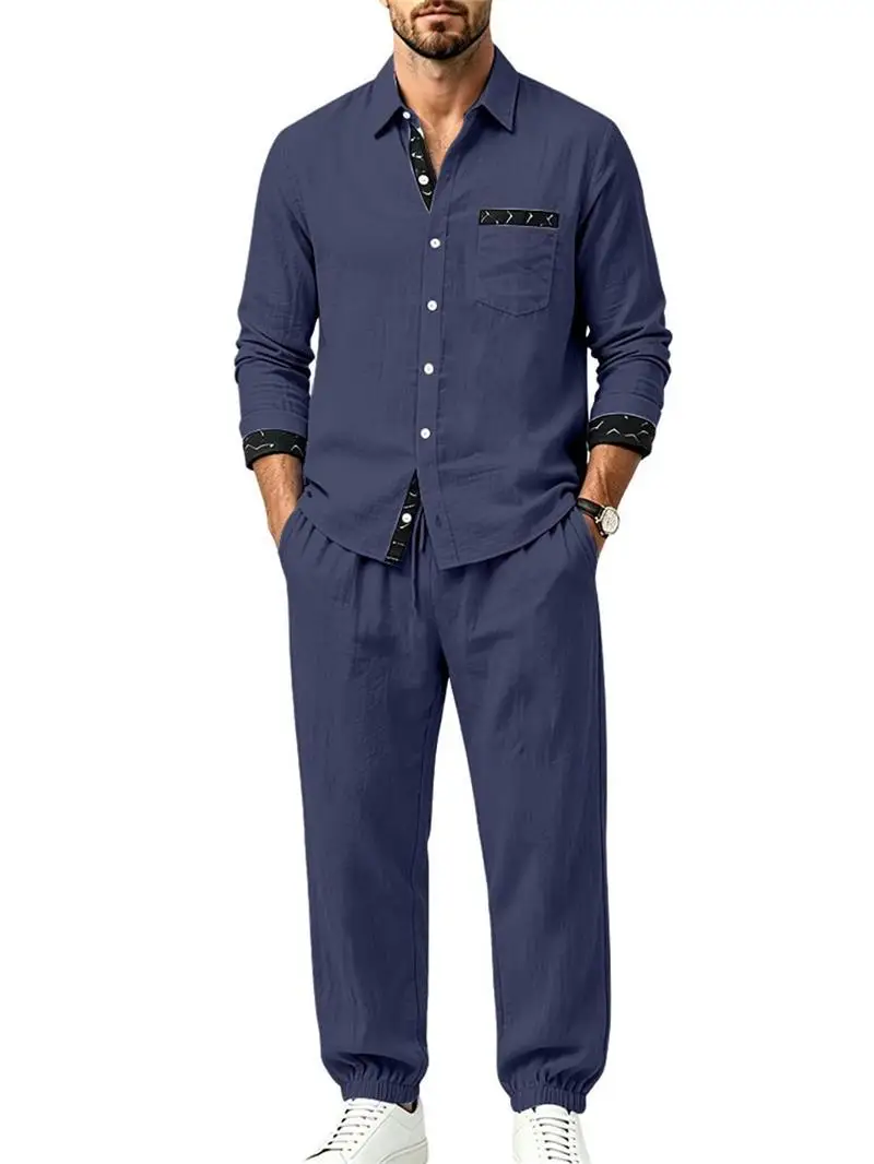 New linen print men's two-piece set, lapel pocket long sleeved shirt, elastic waist long pants, business vacation casual set view 4