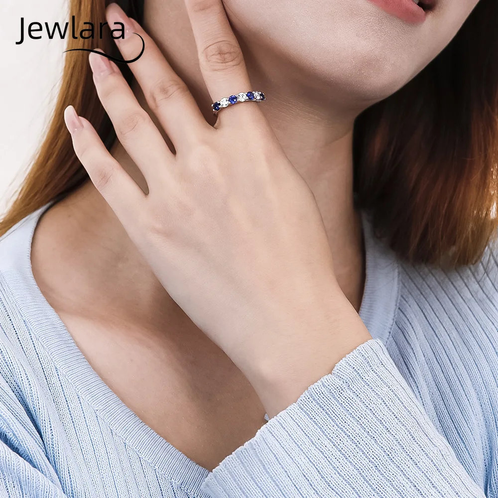 Jewlara 925 Silver Moissanite Lab-Grown Blue Gemstone 7-Diamond Row Ring for Women, Versatile Light Luxury Wedding Engagement