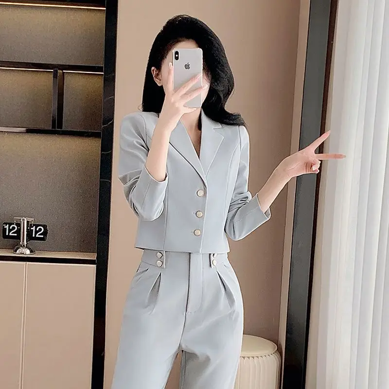 Damski krótki zestaw marynarki Petite, wysoki stan, dopasowany krój, elegancki garnitur na wiosnę i jesień, marynarka i spodnie.