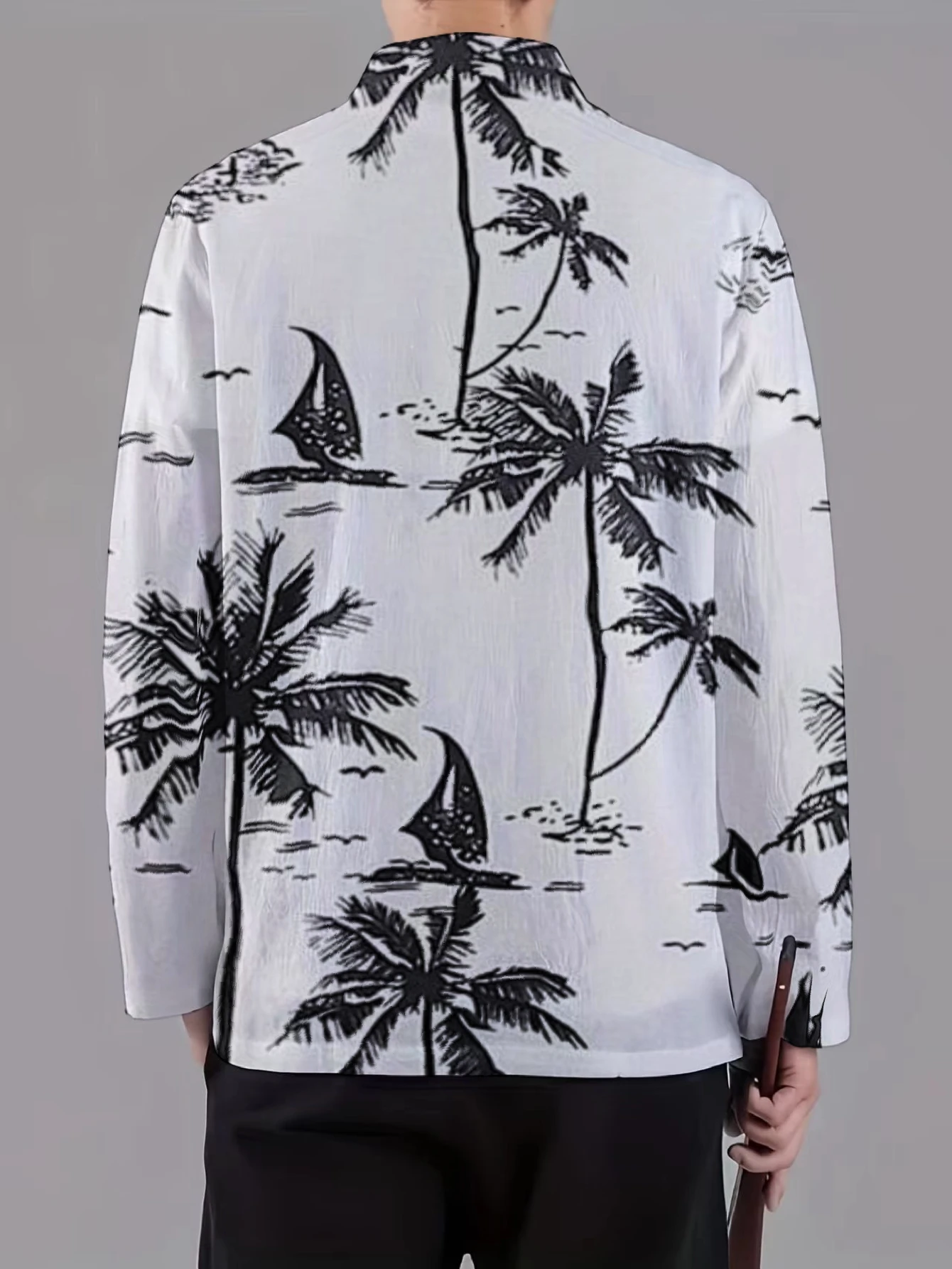 Men Mandarin Collar Frog Button Jacket Ink Wash Scenic Floral Print Traditional Outerwear