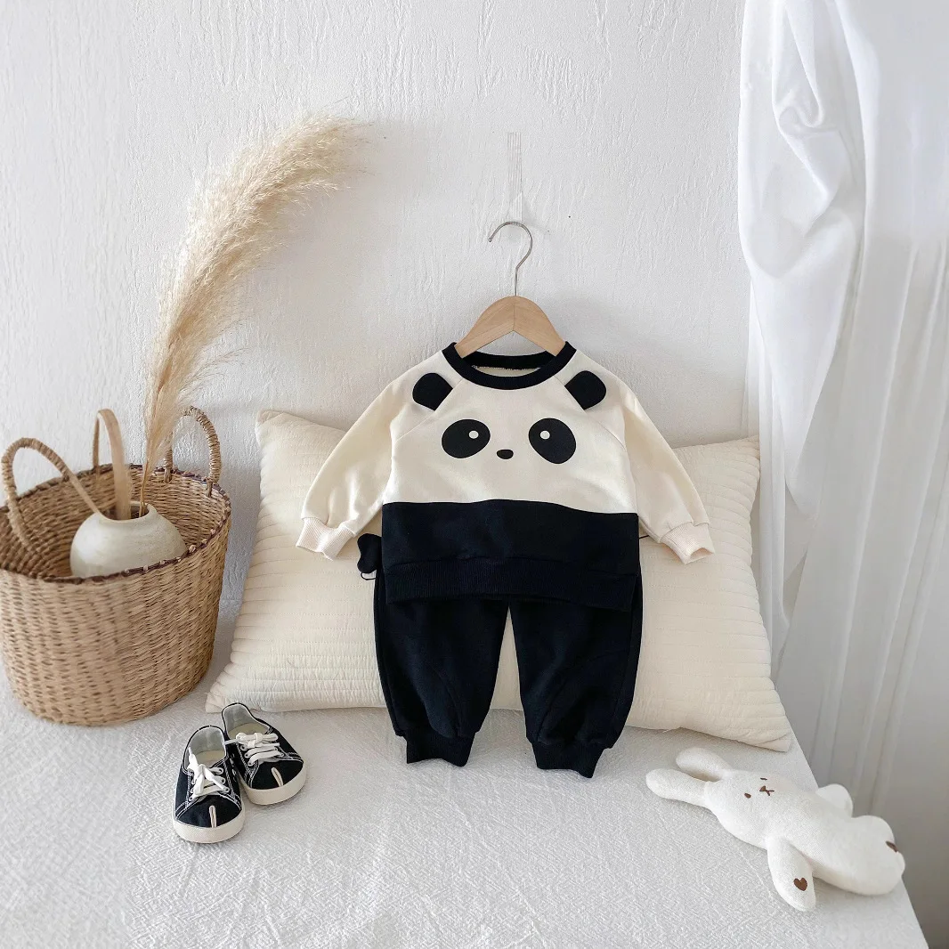 Korean Version Autumn Outfit for Boys and Girls Baby Clothes 2025 New Long Sleeved Round Neck Panda Hoodie Pants for Children