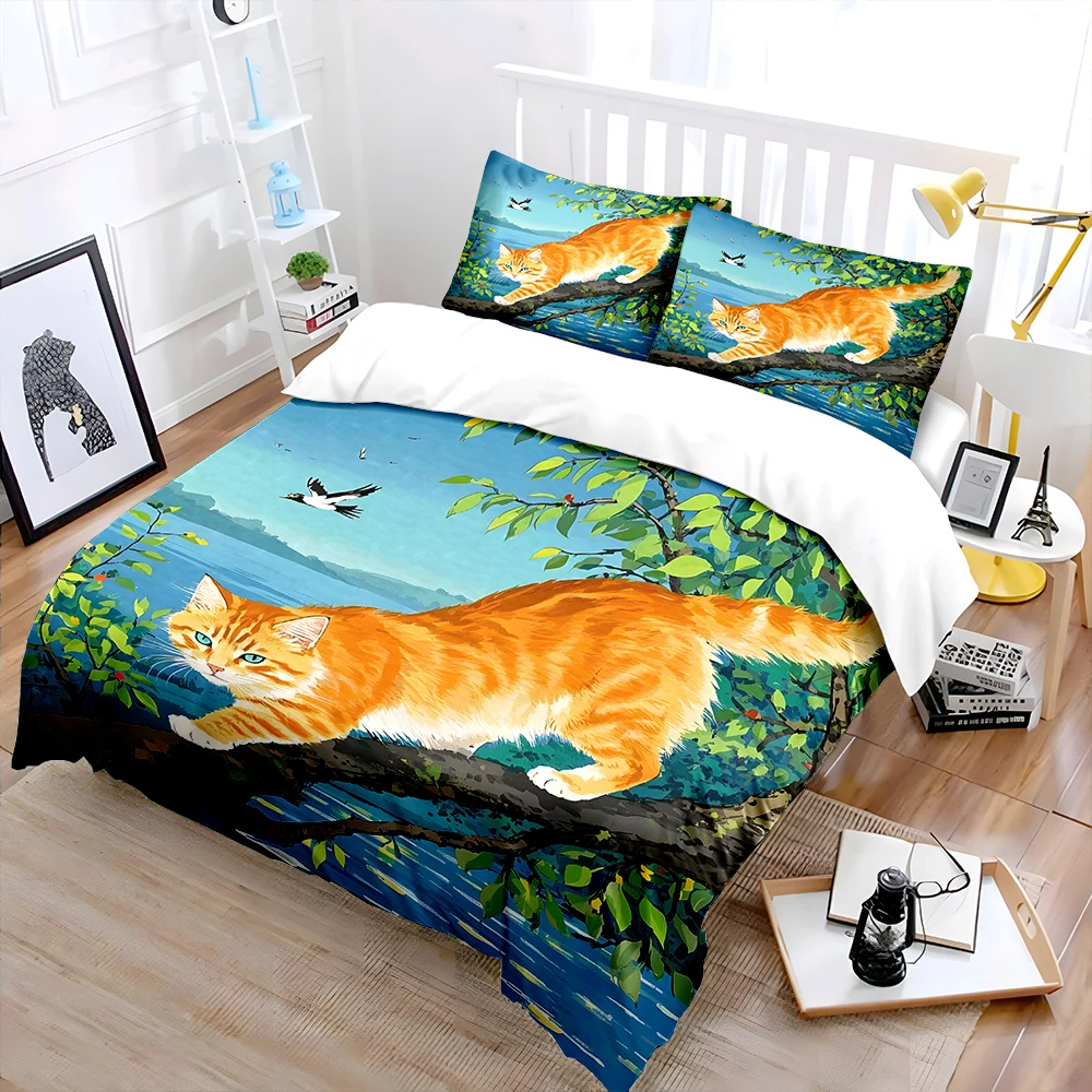 Orange cat walking on tree branch Print Soft Comfortable Duvet Cover Bedding Set Included 1*Duvet Cover  2*Pillowcases