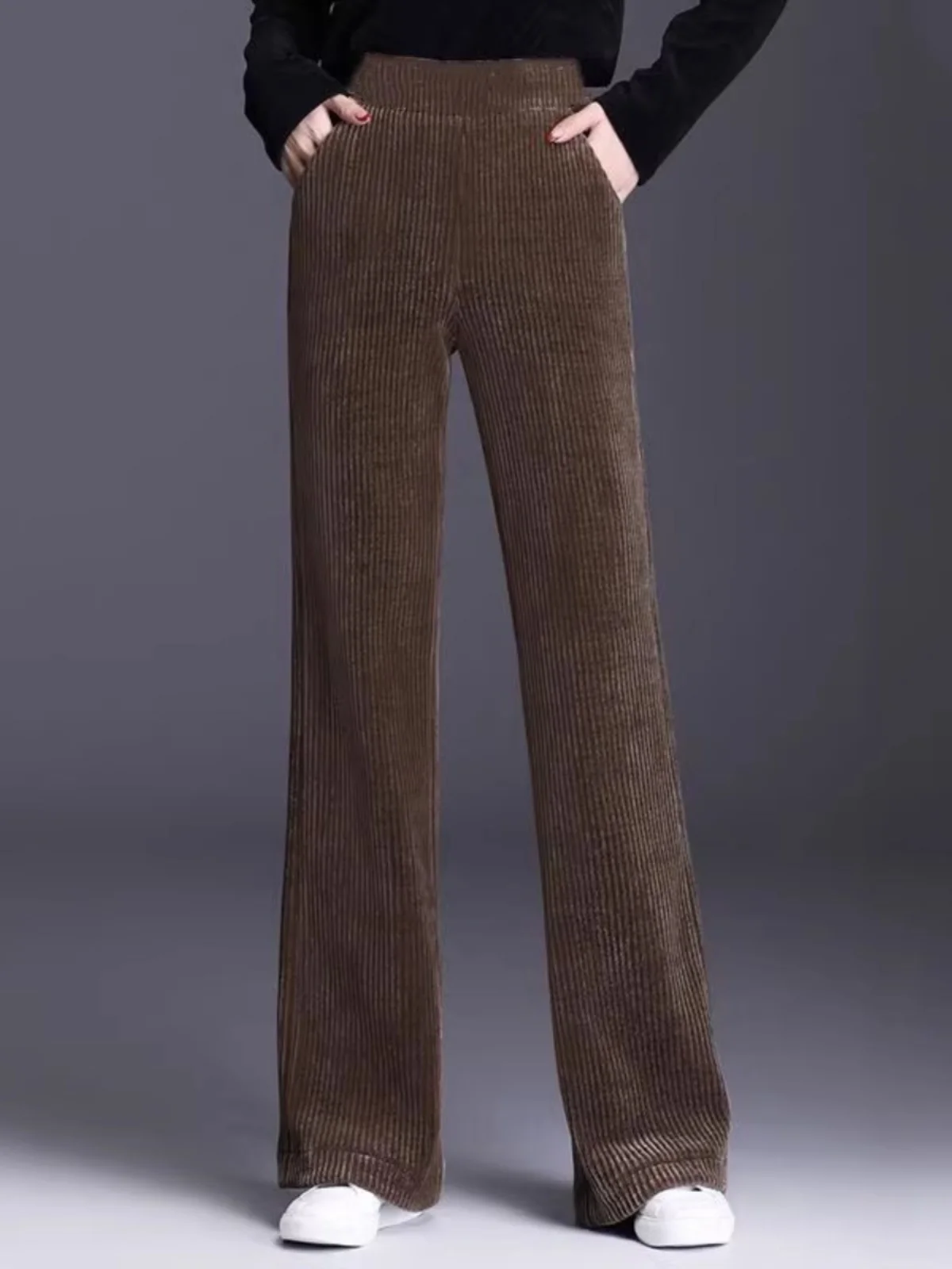 Hohe Taille Cordhose mit weitem Bein Damen Herbst Winter Faion Abnehmen Bla Straight Leg Fce Gefüttert Warm Drapey Casual...